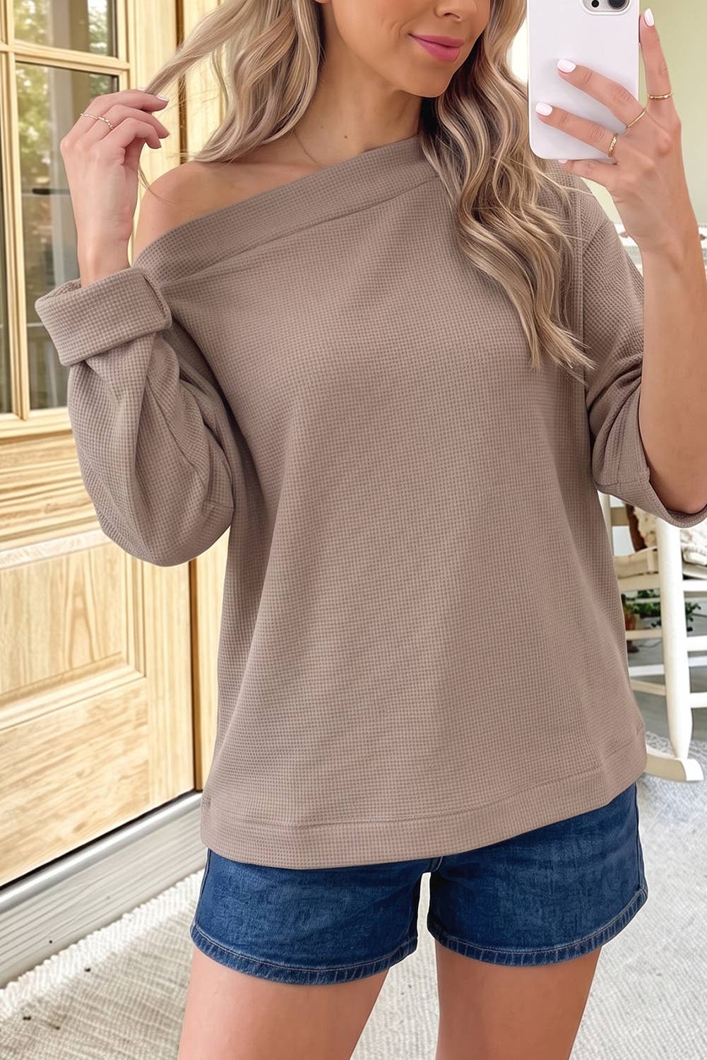 Waffle Knit Asymmetric Neck Top