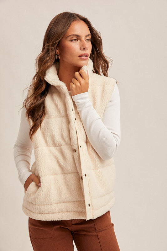 Teddy Fleece Snap Button Down Puff Vest