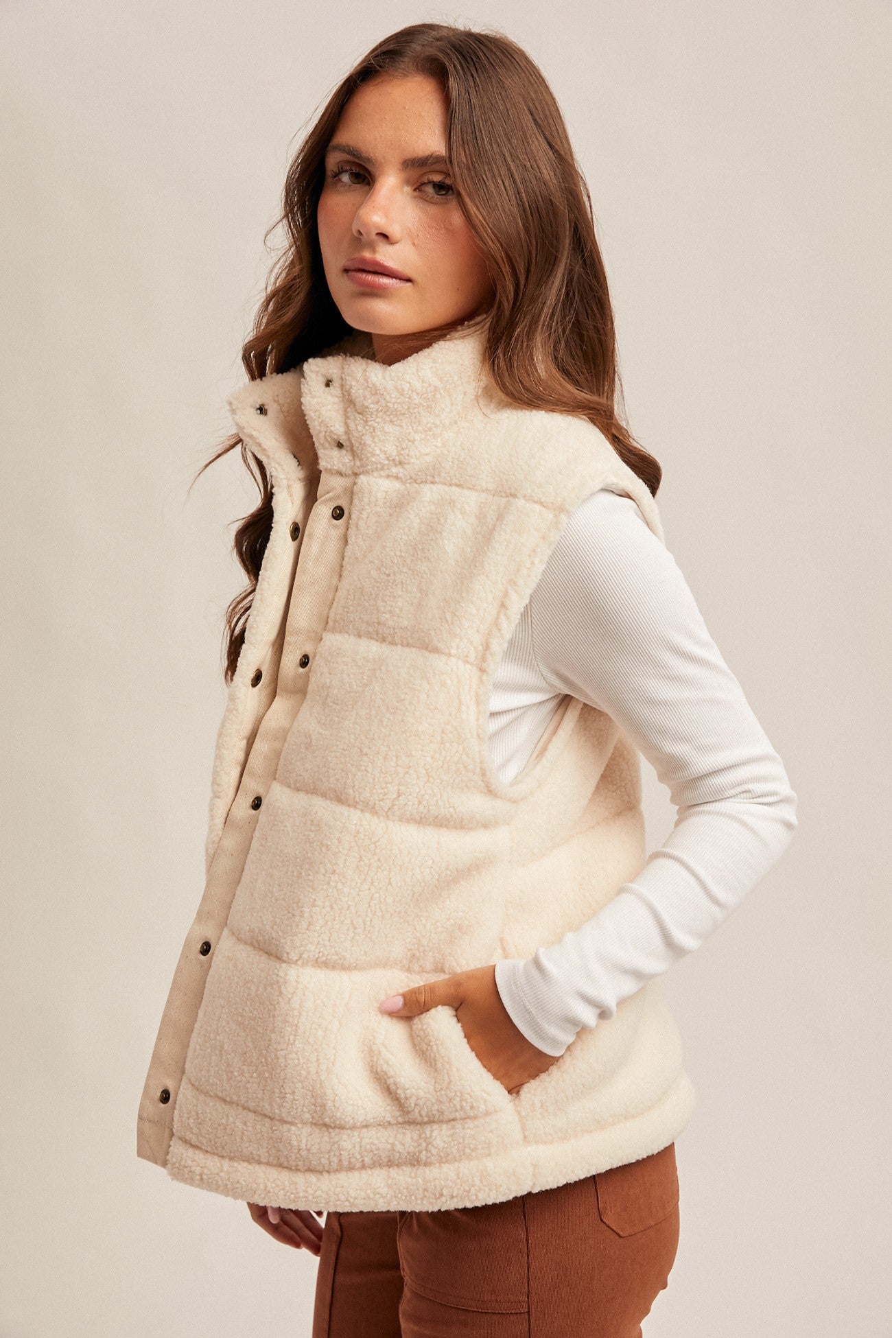 Teddy Fleece Snap Button Down Puff Vest