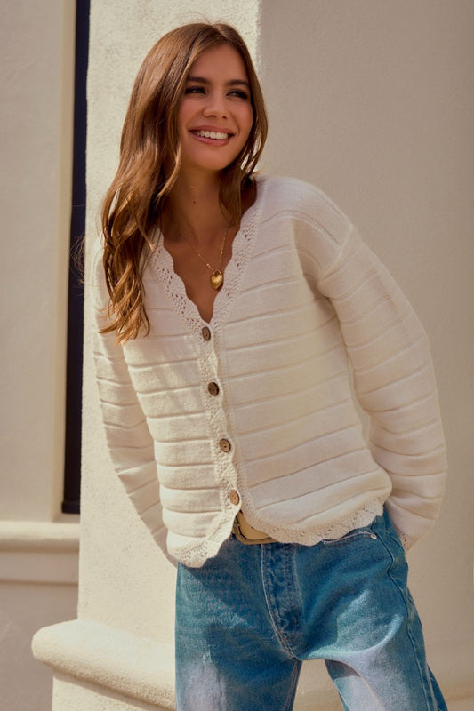 Trimmed Button Down Sweater Cardigan