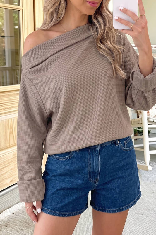 Waffle Knit Asymmetric Neck Top