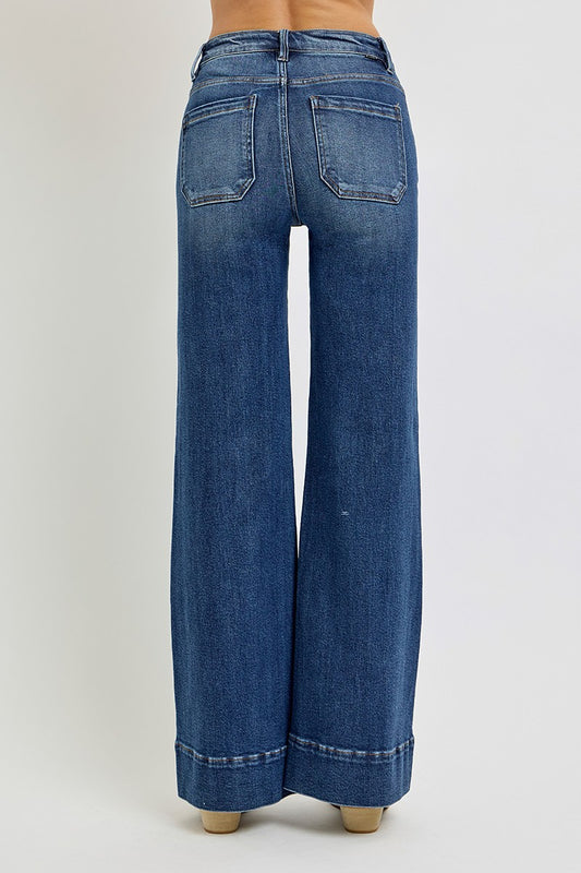 High Rise Wide Flare Patch Pocket Jeans