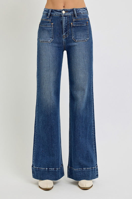 High Rise Wide Flare Patch Pocket Jeans