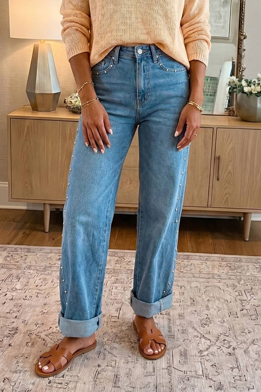 Blue Seam Rivet Detail Regular Fit Ankle Length Jeans