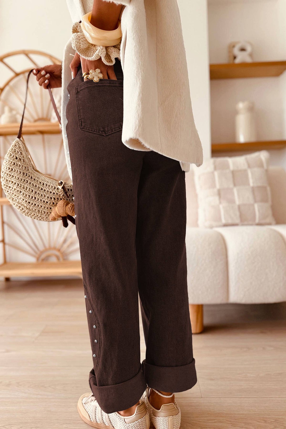 Brown Seam Rivet Detail Jeans