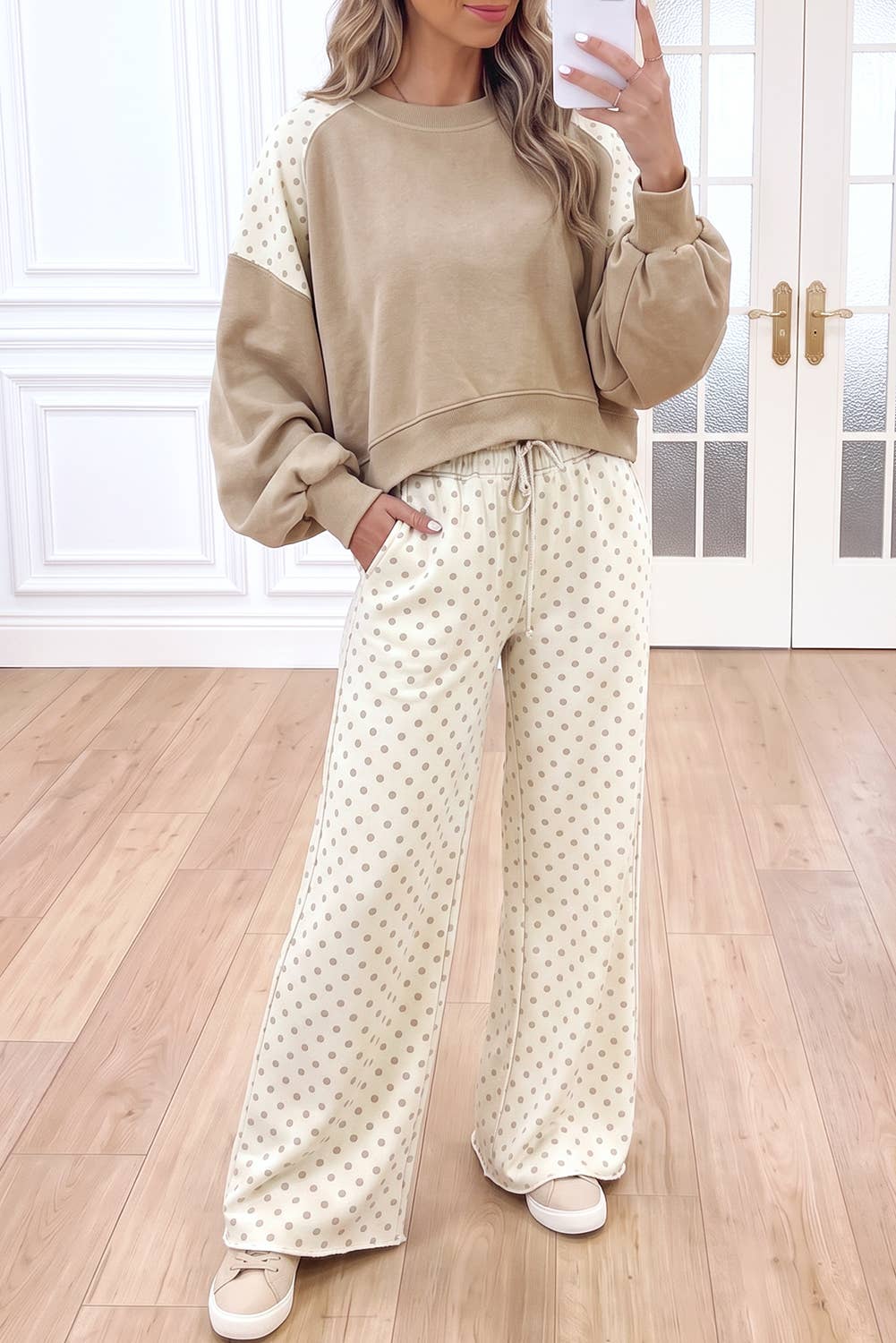 Polka Dot Colorblock Casual 2pcs Pants Set