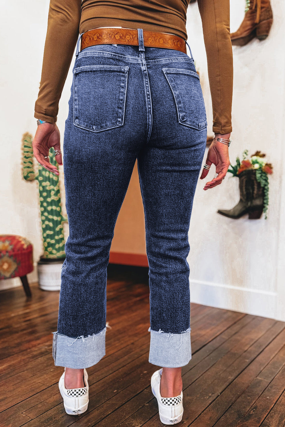 Folded Cuff Distressed Straight High Waist Jeans