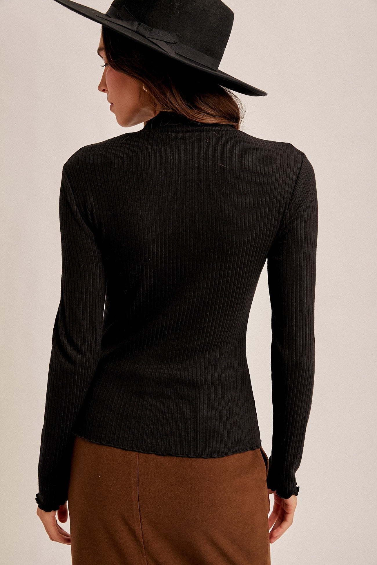 Lettuce Edge Mock Neck Long Sleeve Rib Top