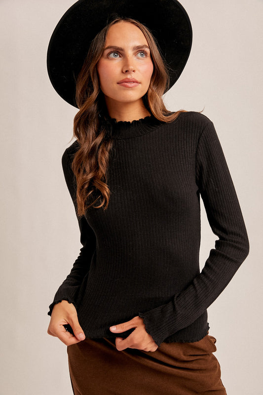 Lettuce Edge Mock Neck Long Sleeve Rib Top