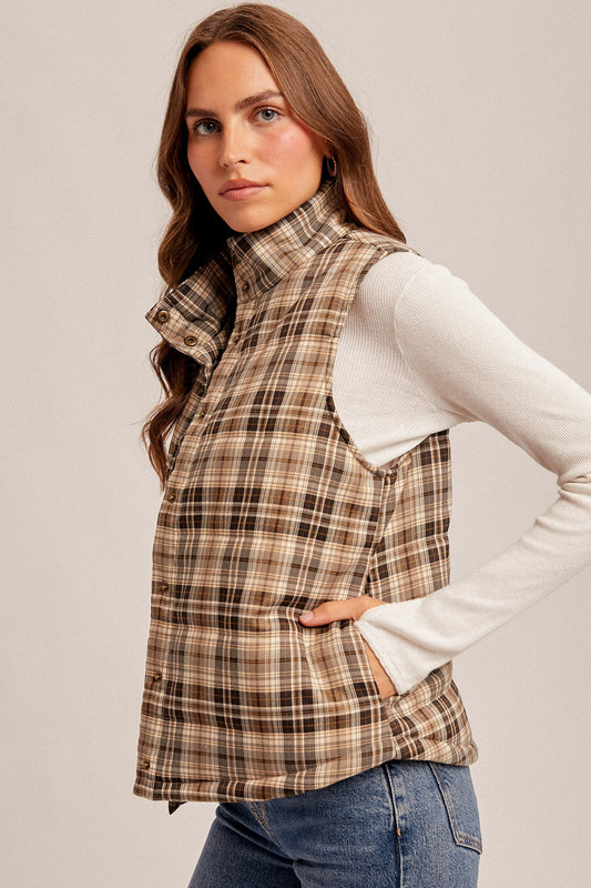 Plaid Puff Snap Button Down Vest With Pockets
