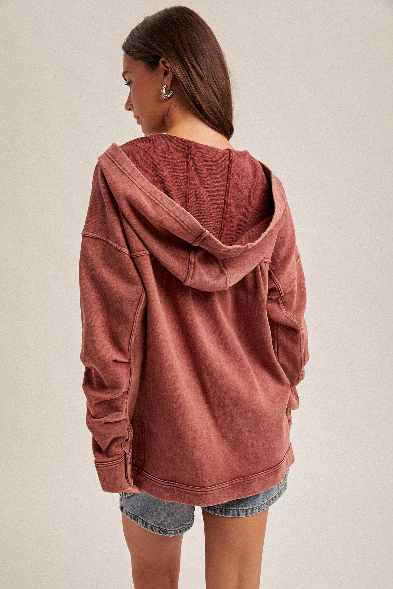 Hooded Washed Terry Ruched Detail Sleeve Tunic