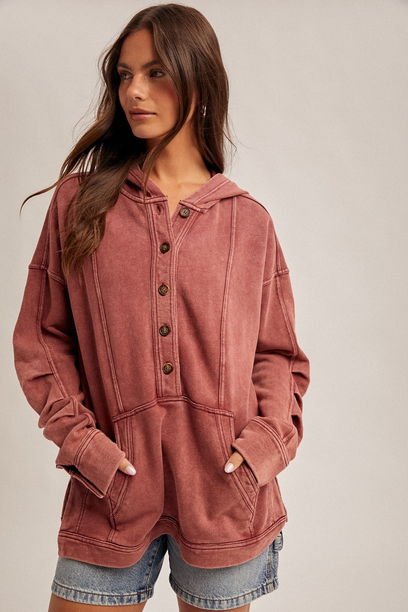 Hooded Washed Terry Ruched Detail Sleeve Tunic