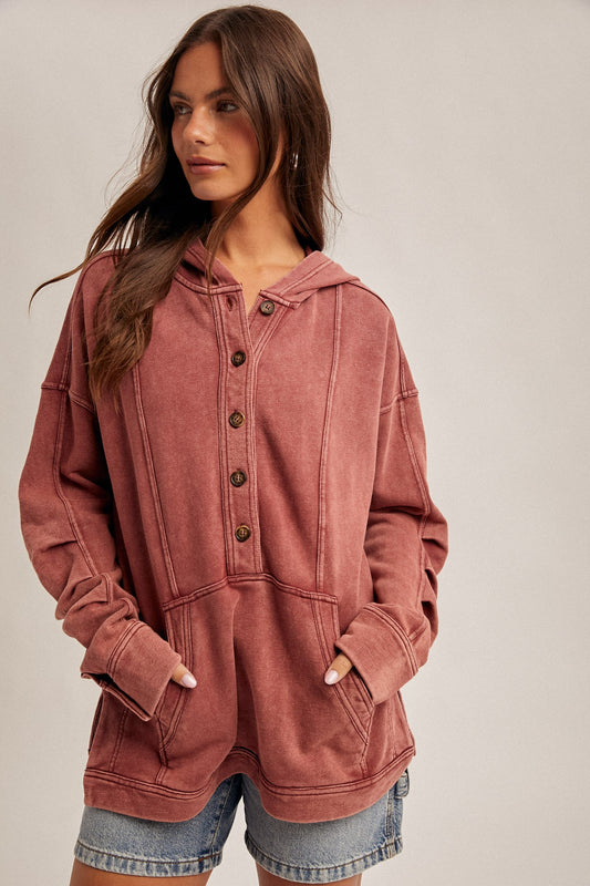 Hooded Washed Terry Ruched Detail Sleeve Tunic