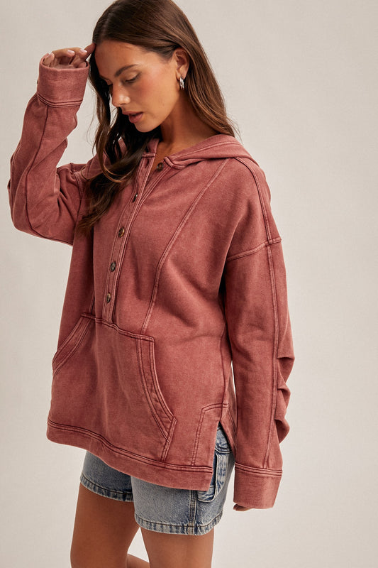 Hooded Washed Terry Ruched Detail Sleeve Tunic