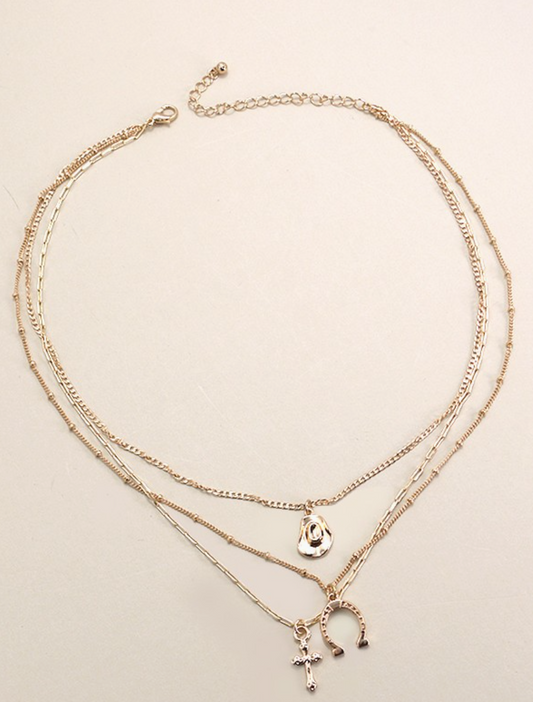 Trio Layer Horseshoe Hat Cross Charm Necklace